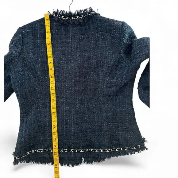 Boston Proper Women's Parisian Tweed Shimmer Chain Fringe Jacket Navy Gold Sz 12 - Picture 7 of 9